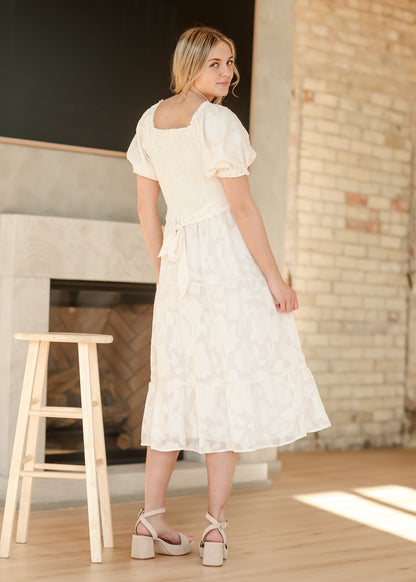 Smocked Bodice Short Sleeve Floral Applique Dress - FINAL SALE