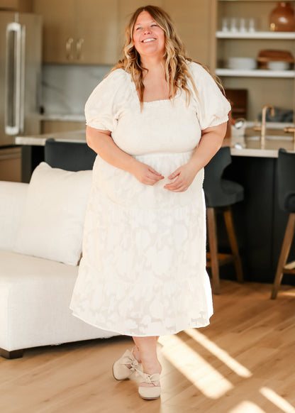 Smocked Bodice Short Sleeve Floral Applique Dress - FINAL SALE