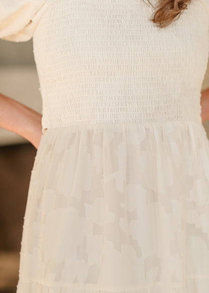 Smocked Bodice Short Sleeve Floral Applique Dress - FINAL SALE
