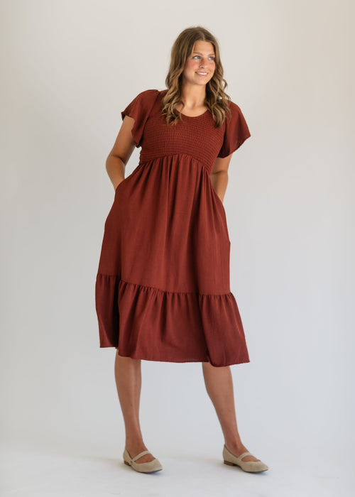 Smocked V-neck Flutter Sleeve Midi Dress - FINAL SALE