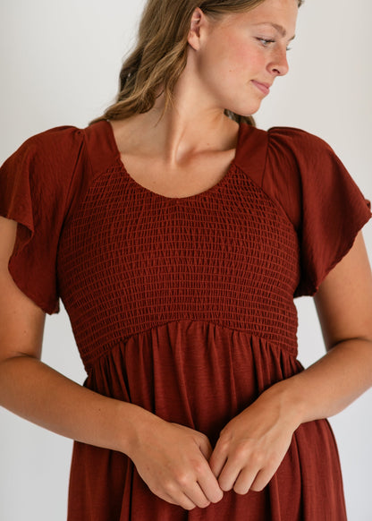 Smocked V-neck Flutter Sleeve Midi Dress - FINAL SALE