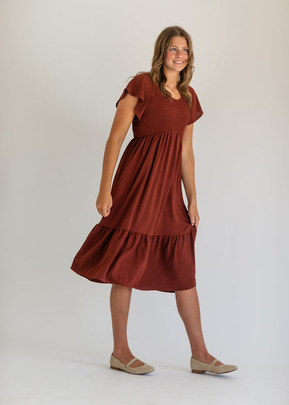 Smocked V-neck Flutter Sleeve Midi Dress - FINAL SALE