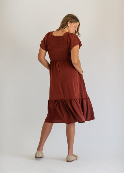 Smocked V-neck Flutter Sleeve Midi Dress - FINAL SALE