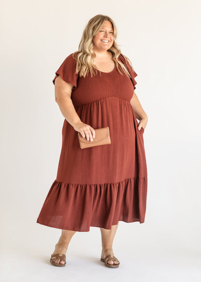Smocked V-neck Flutter Sleeve Midi Dress - FINAL SALE