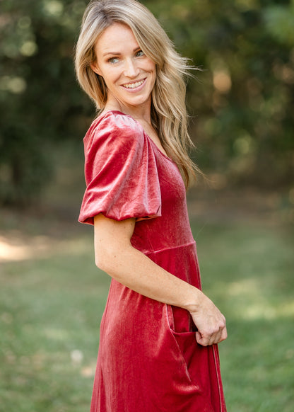 Square Neck Velvet A-line Midi Dress - FINAL SALE