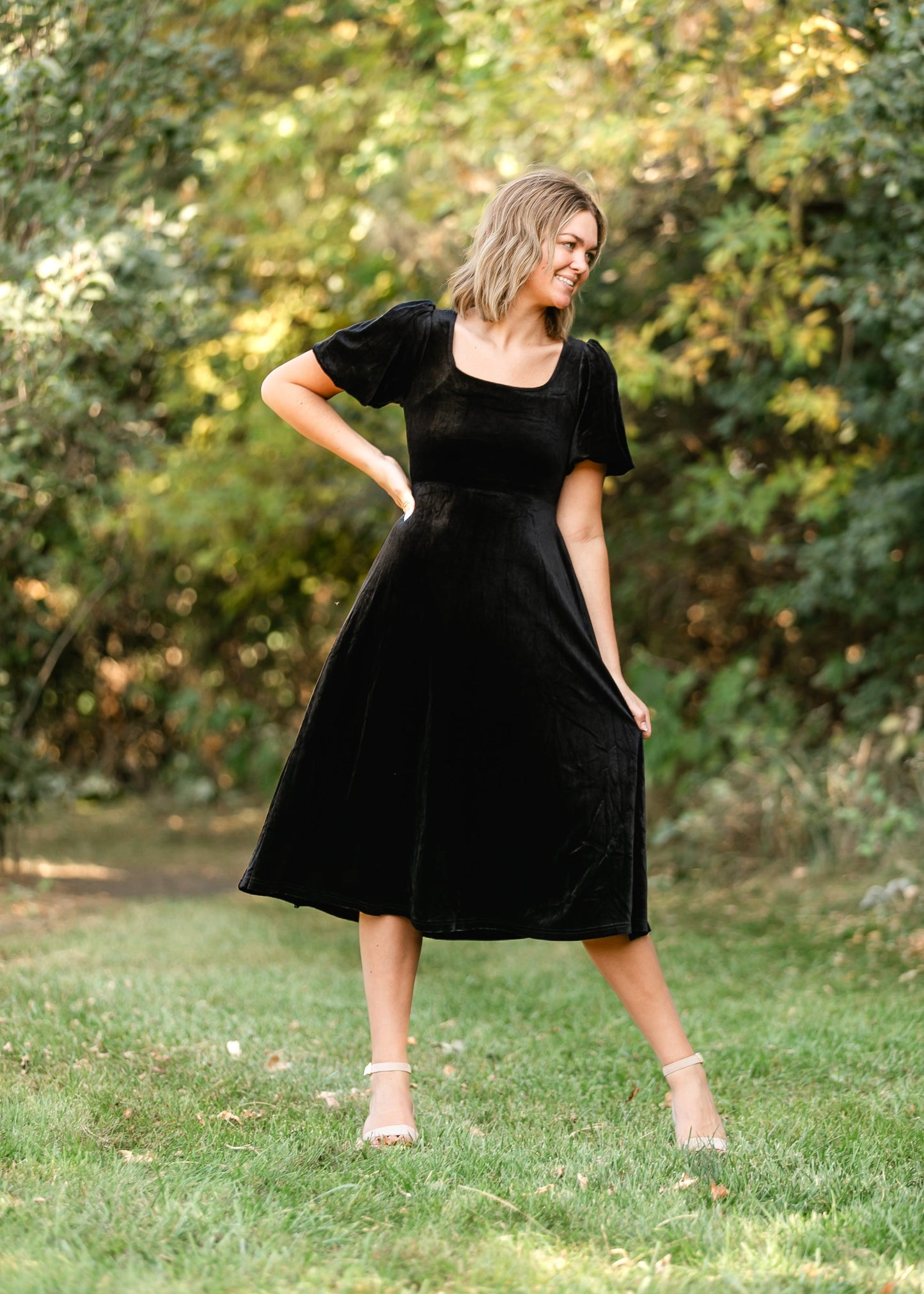 Square Neck Velvet A-line Midi Dress - FINAL SALE