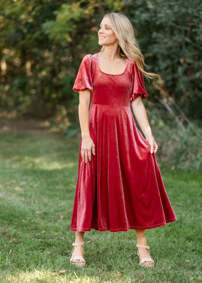 Square Neck Velvet A-line Midi Dress - FINAL SALE
