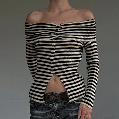 Striped Slash Neck Knit Top