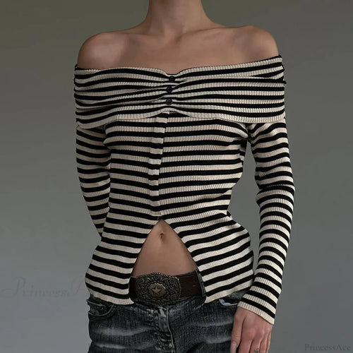 Striped Slash Neck Knit Top