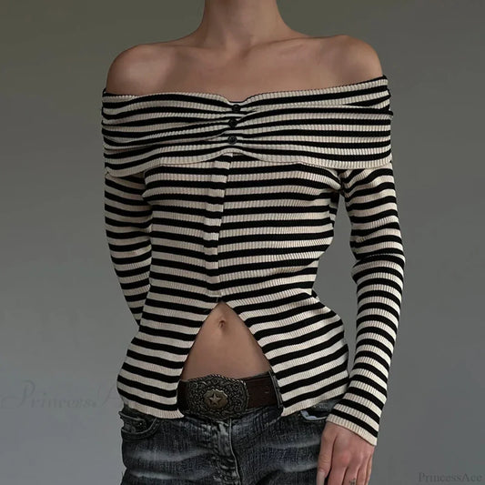 Striped Slash Neck Knit Top