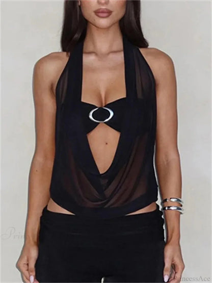 Transparent Mesh Halter Crop Top